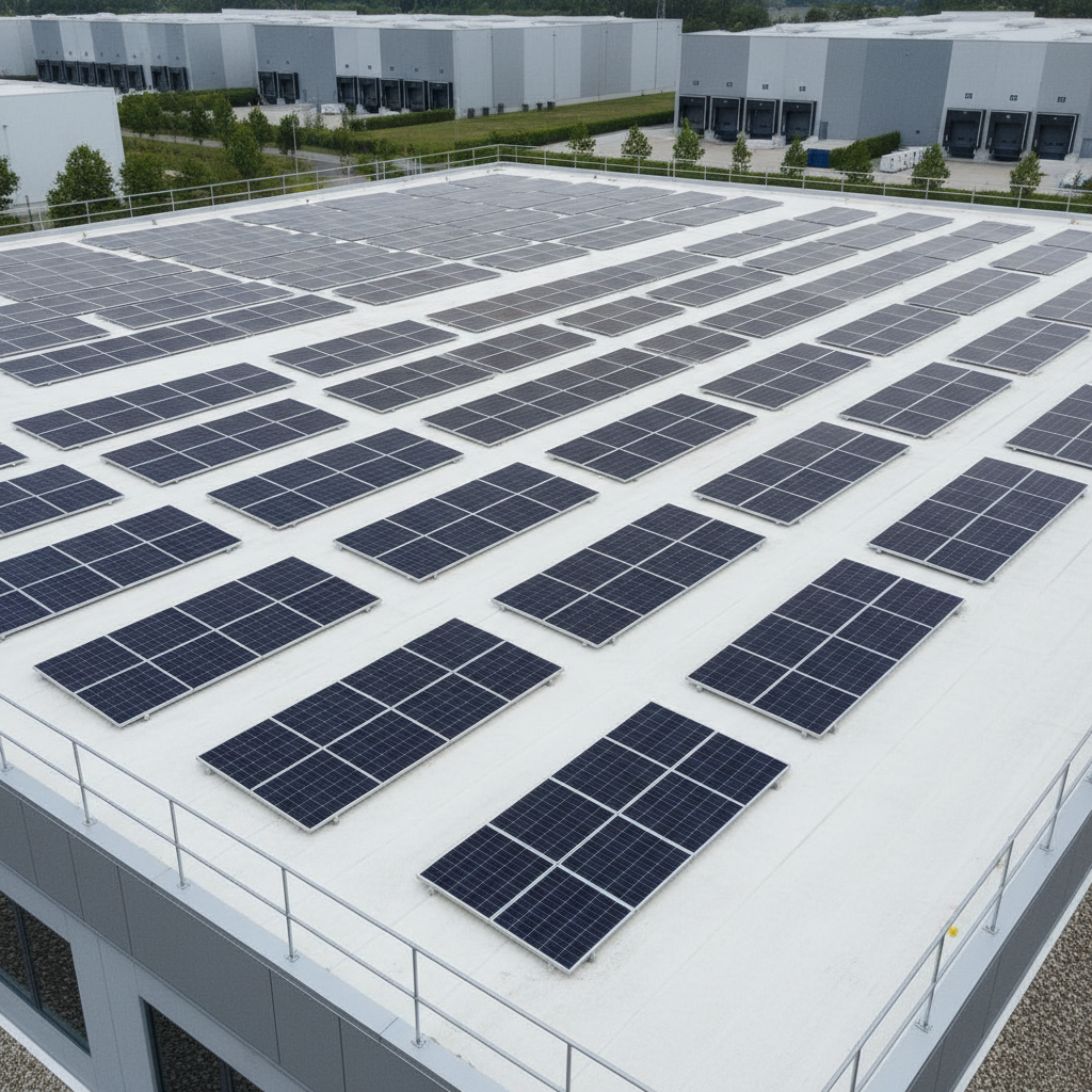 A collection of solar panels mounted on a flat, white industrial rooftop, their glass surfaces reflecting the muted blue sky. Surrounding the panels, the rooftop’s gravel and safety railings add subtle texture against the neutral backdrop of distant warehouses and tidy landscaping. Captured in soft, overcast daylight, the lighting creates a gentle, even mood that highlights the sustainability focus. The image is shot from a high, slightly oblique angle with balanced framing, giving a sense of scale and structure. Photographic realism enhances the clean, professional visual character aligned with the organization’s sustainable mission.