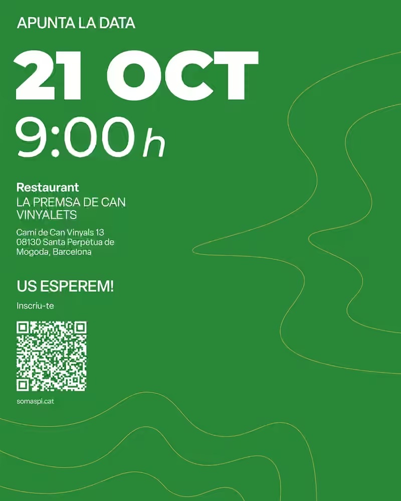 Cartell verd de la jornada: 21 d’octubre, 9.00 h, Restaurant La Premsa de Can Vinyalets, amb el codi QR d’inscripció.